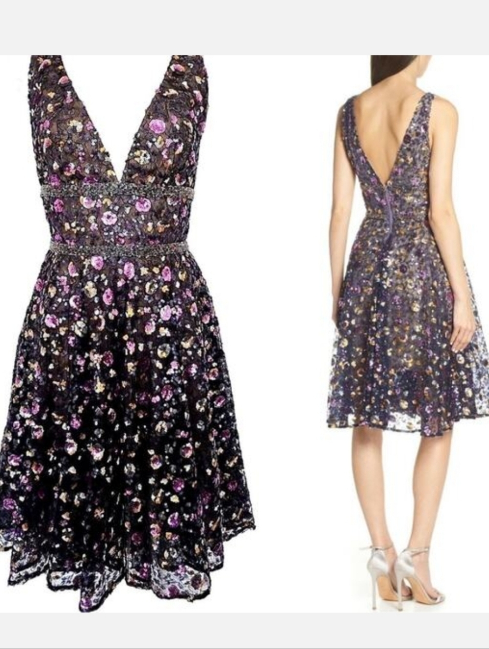 V-Neck Floral Sequin Cocktail Dress Bronx and Banco - Picture 2 of 6